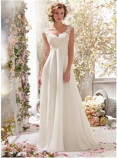 Stunning Tulle Organza Satin Chiffon V Neck Raised Waistline A Line Wedding Dress