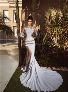 Chic Mermaid Sheer Scoop Neckline Back One Long Sleeve With Bowknot Satin Wedding Dress