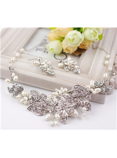 Elegant Lovely Diamond Pearl Nacklace And Earrings Wedding Jewelry Set