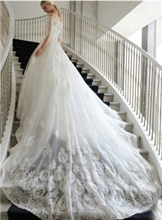 Luxurious Cathedral Off The Shoulder Short Sleeve White Lace Wedding Dress