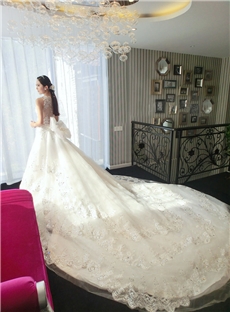Stunning Rich Rhinestone Beaded Lace Cathedral Wedding Dress