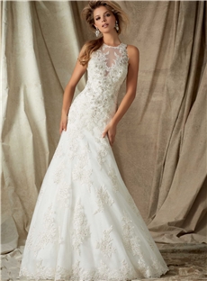 Exquisite A Line High Neck Zipper Up Back Appliques Beading Tulle Wedding Dress