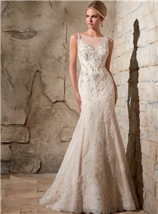 Gorgeous Sheath Bateau V Back Beaded Emobroidery Lace Appliques Wedding Dress