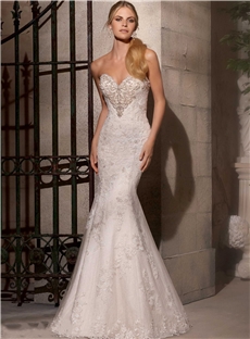 Elegant Sheath Sweetheart Neckline Zipper Up Back Beaded Emobroidery Lace Appliques Wedding Dress