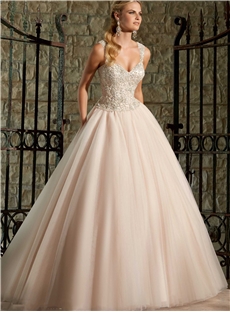 Gorgeous Ball Gown Straps Sweetheart Neckline Keyhole Back Beaded Emobroidery Lace Wedding Dress