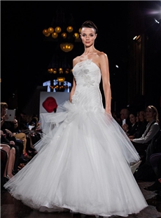 Strapless Draped Tulle Mermaid Wedding Dress With Scattered Tulle And Crystal Flowers