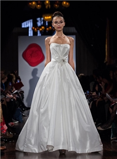 Strapless Ball Gown With Pleated Bodice And Floral Bouqet With Crystal Embroidery Wedding Dress
