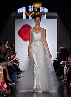 V Neck Sheath Wedding Dress With Tulle Illusion Overlay And Beaded Belt
