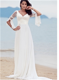 Beach Wedding Dresses Empire V Neck Long Sleeves Design