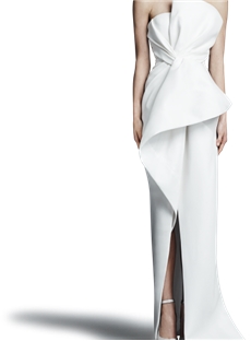 Fitted Sheath Strapless Open Front Floor Length Skirt Wedding Dress With Asymmetrical Draped Detail