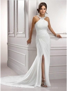 Unique Sheath Column Halter Court Train Chiffon Wedding Dress