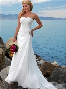 Simple Sheath Column Strapless Chiffon Beach Wedding Dress