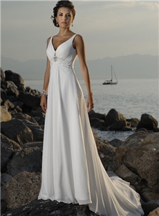 Sexy Empire V Neck Chapel Train Chiffon Beach Wedding Dresses