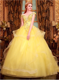 Fresh Color Off The Shoulder Ball Gown Princess Yellow Wedding Dress