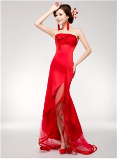 Stylished Asymmetry Sleeveless Beading Sweep Strapless Wedding Dress