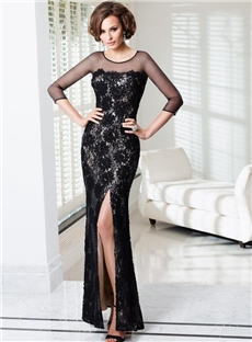 Gorgeous Black Lace Zipper Up Front Split Floor Length Evening Dress