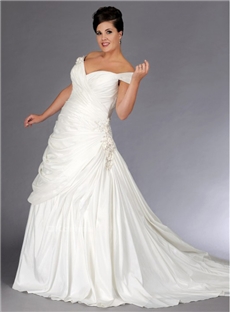 A Line Draped Flower Taffeta Lace Up Wedding Dresses