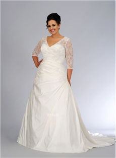 Vintage Appeal A Line V Neck Lace Taffeta Wedding Dresses