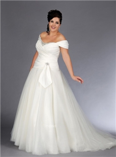 White A Line Tulle Lace Up Wedding Dress