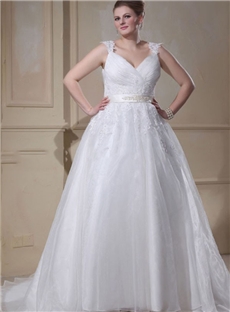 Stylish A Line V Neck Organza Plus Size Wedding Dress