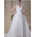 Stylish A Line V Neck Organza Plus Size Wedding Dress