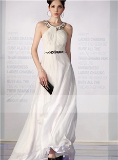 Simple A Line High Neck Sleeveless Floor Length Chiffon Cross Back Wedding Dresses With Crystal Sash
