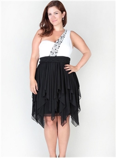 Plus Size High Low Dress One Shoulder And Stone Trim Chiffon Bicolor