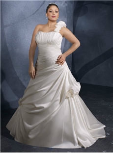 A Line Pleated One Shoulder Lace Up Court Train Wedding Dress