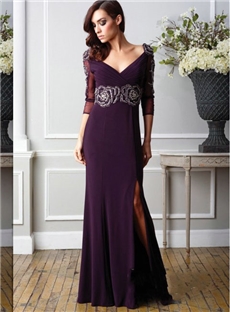 V Neck Beading Long Sleeves Floor Length Mother Of The Bride Dresses