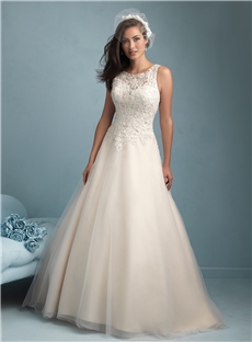 Simple A Line Crew Neckline Sweep Train Wedding Dress With Beaded Lace Bodice