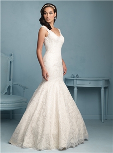 Delicate Mermaid Straps V Neck Neckline V Back Wedding Dress With Eyelash Trim