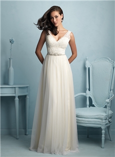 Sweet Empire V Neck V Back Straps Beading Waist Band Wedding Dress