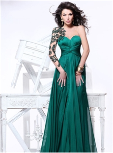 Boutique Embroidery A Line Floor Length Lace Back One Shoulder Zipper Up Evening Dress