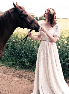 Best Selling Delicate A Line Short Sleeves V Neck Court Train Lace Wedding Dress With Bowknot Belt