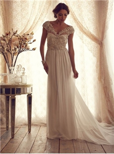 Vintage Appeal Sheath V Neck Short Sleeves Tulle Chapel Train Wedding Dresses