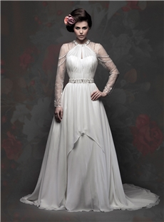 Unique A Line Halter Detachable Sleeves Beading Ruched Tulle Chiffon Wedding Dress