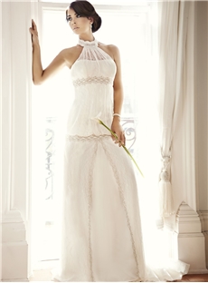 Fashion Sheath Halter Neck Zipper Up Back Beading Tulle Wedding Dress