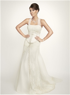 Fashion Sheath Haler Neck Zipper Up Back Beading Tulle Lace Wedding Dress