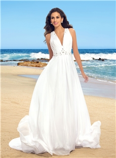 Simple A Line V Neck Beading Chiffon Beach Wedding Dress