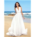 Simple A Line V Neck Beading Chiffon Beach Wedding Dress