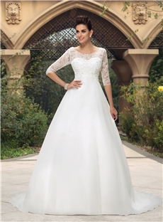 Modest Scoop Neckline Half Sleeves Beading Long Wedding Dress