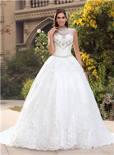 Charming Princess High Neck Beading Appliques Court Train Wedding Dress