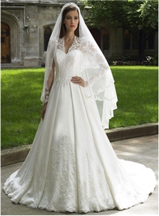Vintage A Line V Neck Chapel Trailing Long Sleeves Royal Wedding Dress