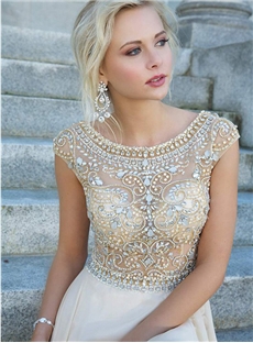 Scoop A Line Princess Short Sleeves Beading Rhinestone Floor Length Evening Formal Dress