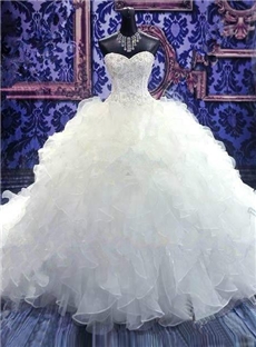 Gorgeous Ball Gown Ruffles Embroidery Chapel Train Wedding Dress
