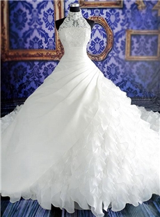 Charming Ball Gown Halter Neck Pearl Chapel Train Ruffled Wedding Dress