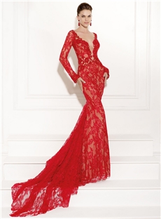 Glamorous Mermaid V Neck Long Sleeves Backless Floor Length Lace Evening Dress