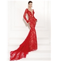 Glamorous Mermaid V Neck Long Sleeves Backless Floor Length Lace Evening Dress
