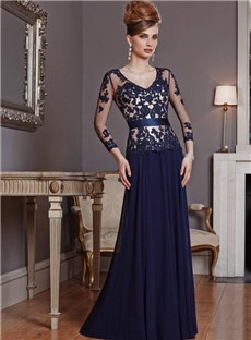 Elegant A Line V Neck Embroidery Zipper Up Floor Length Mother Of The Bride Dress