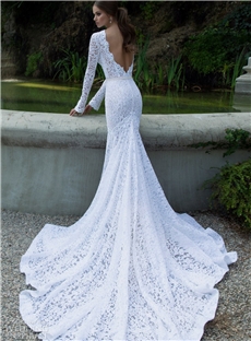 Popular Element Lace Wedding Dresses High Collar Sexy Backless Long Sleeves Chapel Train Bridal Gown
